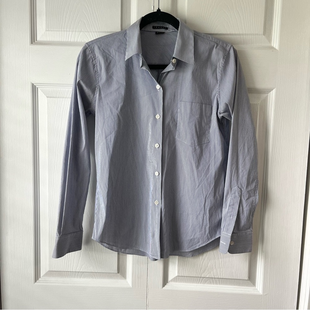 Theory Striped Essential Button-Down Shirt, Size P/PT